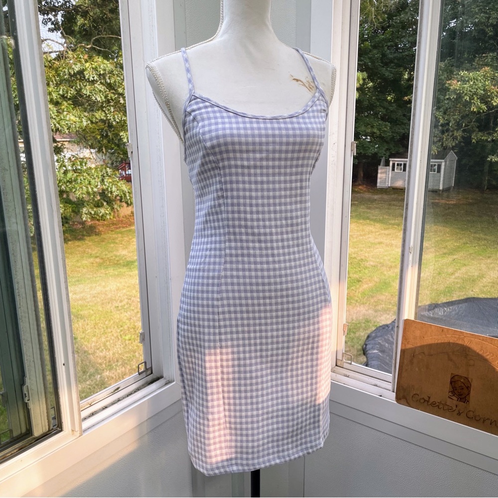 Iris Lilac White Gingham Stretch Open Back Ties Mini Scoop-neck Sleeveless Dress - Picture 12 of 12
